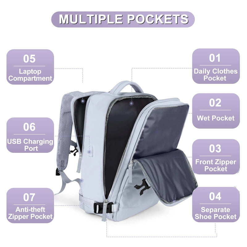 Mochila de Viagem Impermeável para Homens e Mulheres, Airline Aprovado Laptop Mochila Escolar com Compartimento de Sapato, 15.6"